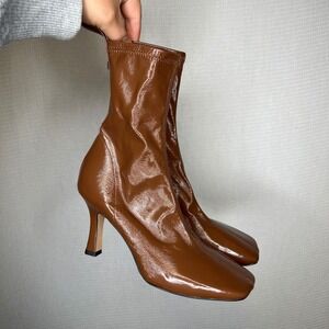 Bianca Di Womens Brown Patent Leather Square Toe Heel Ankle Boot Booties Size 10